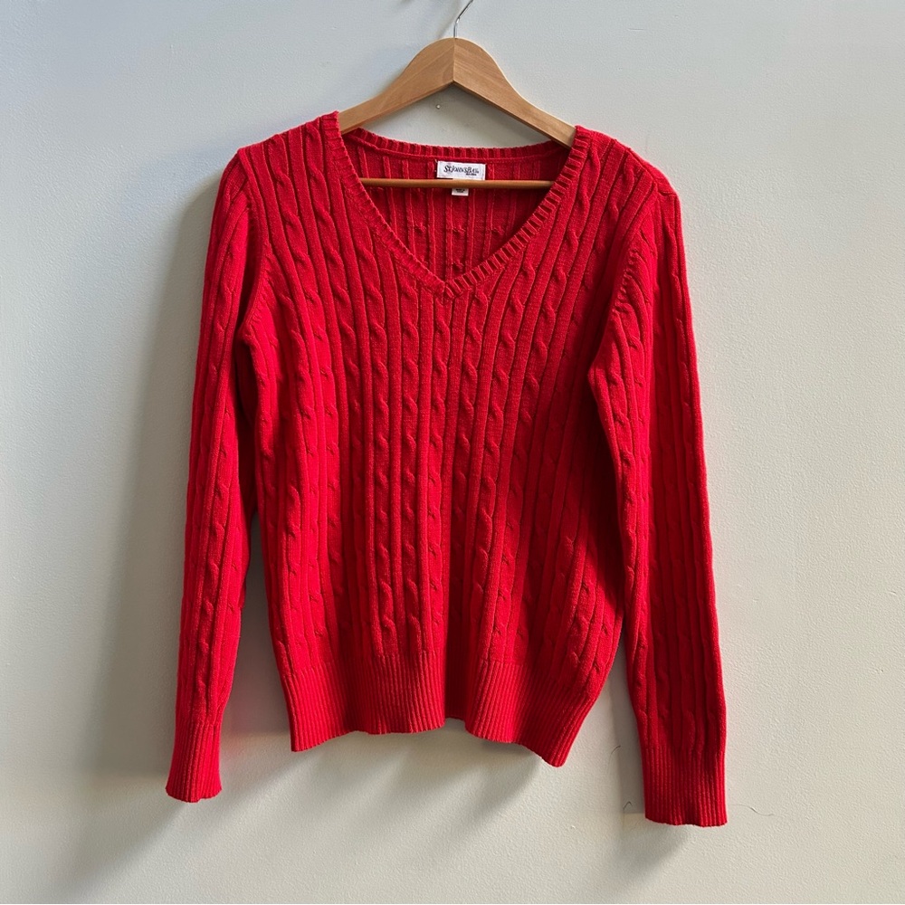 St. John's Bay Women’s Red V-Neck Long Sleeve Cable Knit Sweater, Size Large